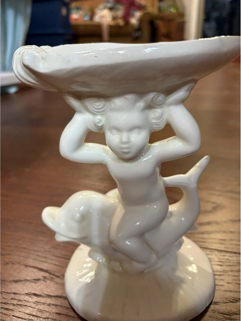Vintage 1960s White Cherub Riding Dolphin Fish Holland Mold Kitschy Soap Dish